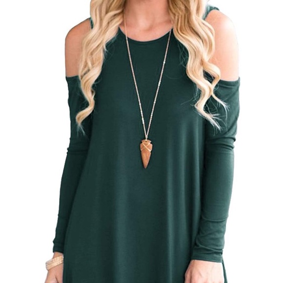 Cold Shoulder DARK GREEN Woman’s Swing Dress *NWT* - Picture 2 of 4